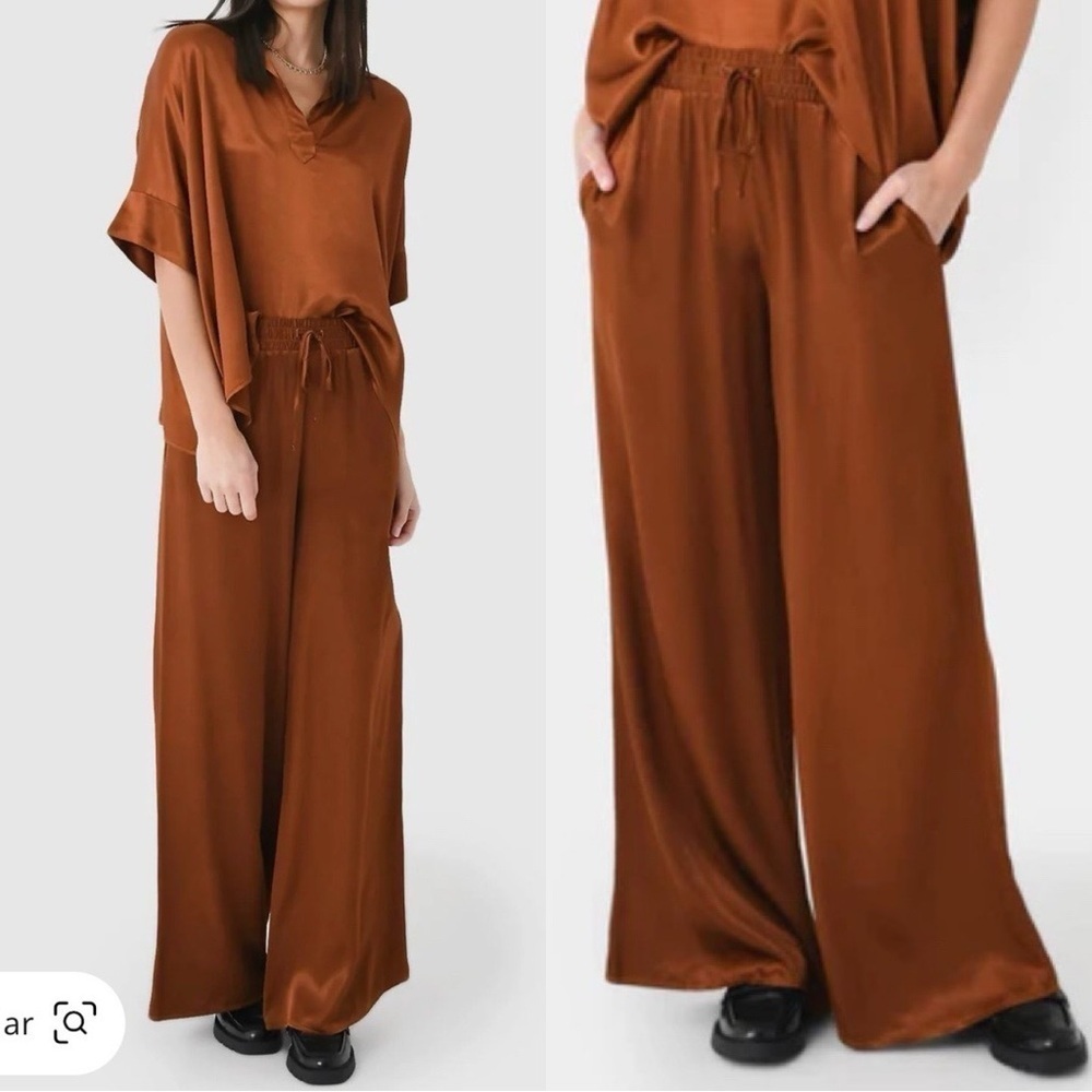 STARK X Wide Leg High Rise Satin Pants in Rich Brown Sz M